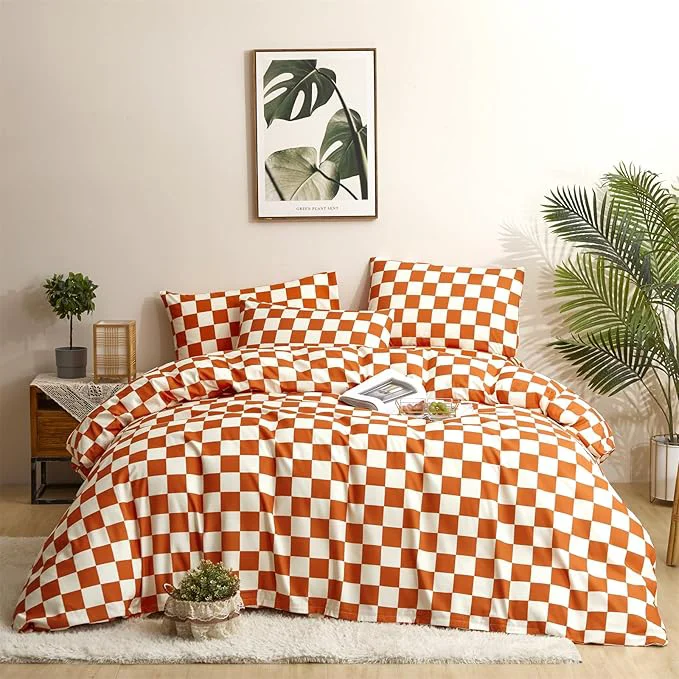Healthy CLOTHKNOW Orange Plaid Full Size Comforter Set Grid Bedding Comforter Sets Terracotta Checker Comforter with 2 x Pillow Cases Unique
