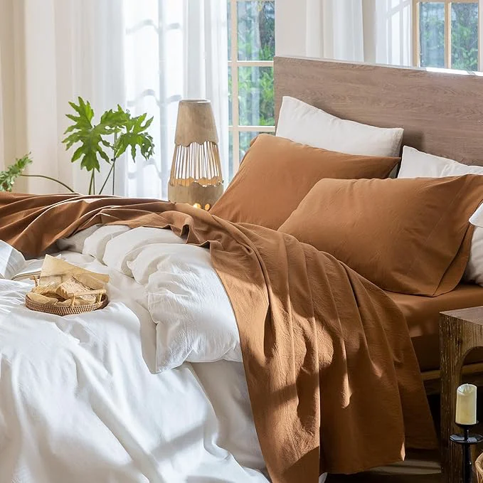 Quality MooMee Bedding Sheet Set Washed Cotton Linen Like Textured Breathable Durable Soft Comfy Solid Dark Orange Full Minimalist