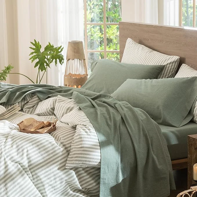 Lightweight MooMee Bedding Sheet Set Washed Cotton Linen Like Textured Breathable Durable Soft Comfy Heathered Green Full Classic