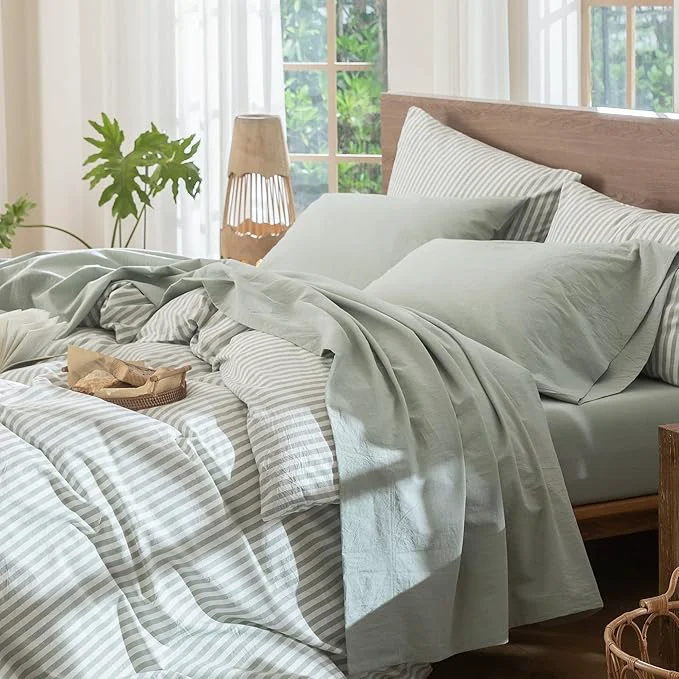 Detailed MooMee Bedding Sheet Set Washed Cotton Linen Like Textured Breathable Durable Soft Comfy Heathered Sage Green Full Outstanding