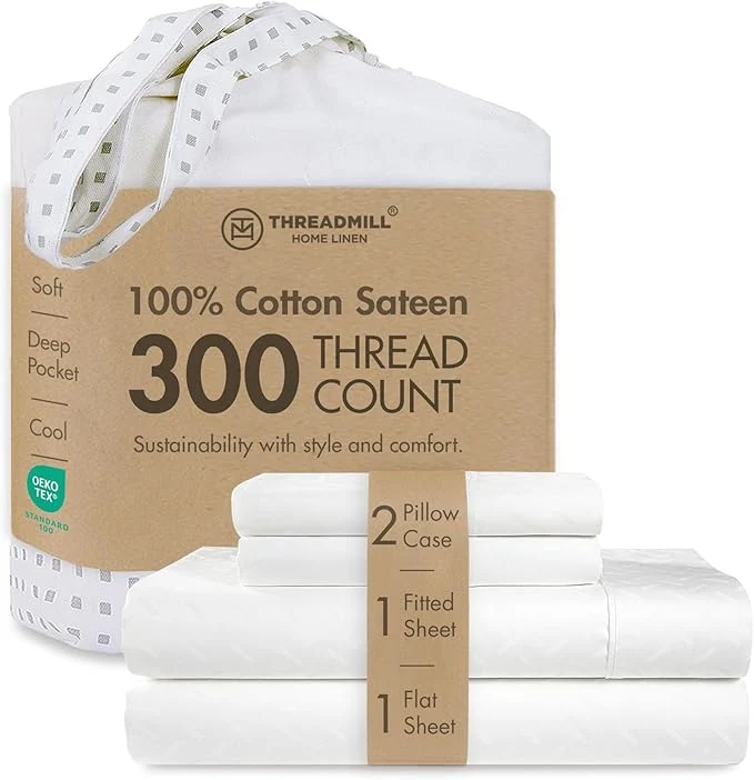 Specialty Threadmill Cotton Queen Sheet Set – Cotton Damask Jacquard Sheets With 16 quot Deep Pocket – Soft Sateen Weave 4-Piece Cooling Bedding for Queen Size Bed – White Dependable