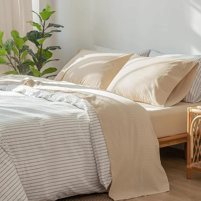 Optimized MooMee Bedding Sheet Set Washed Cotton Linen Like Textured Breathable Durable Soft Comfy Solid Sandy Beige King Specialty