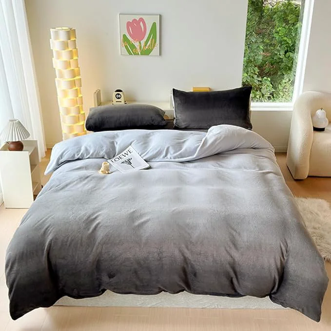 Lightweight CLOTHKNOW Grey White Velvet King Size Comforter Set Gradient Gray Bedding Comforter Sets Soft Silver Comforter with 2 x Pillow Cases Refined