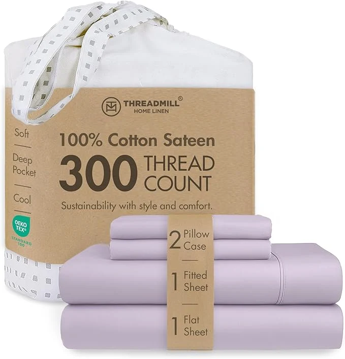 Fast Threadmill Cotton Full Size Sheet Set Cotton Sheets for Full Size Bed Solid Sateen Full Bed Sheets Set with 16 Elasticized Deep Pocket Soft Breathable 4-Piece Cooling Sheet Set Lilac Original Design
