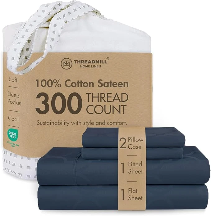 Functional Threadmill Cotton Full Size Sheet Set Cotton Sheets for Full Size Bed Damask Jacquard Full Bed Sheets Set with 16 Deep Pocket Soft Sateen Weave 4-Piece Cooling Bedding Set Folkstone Blue Original Design