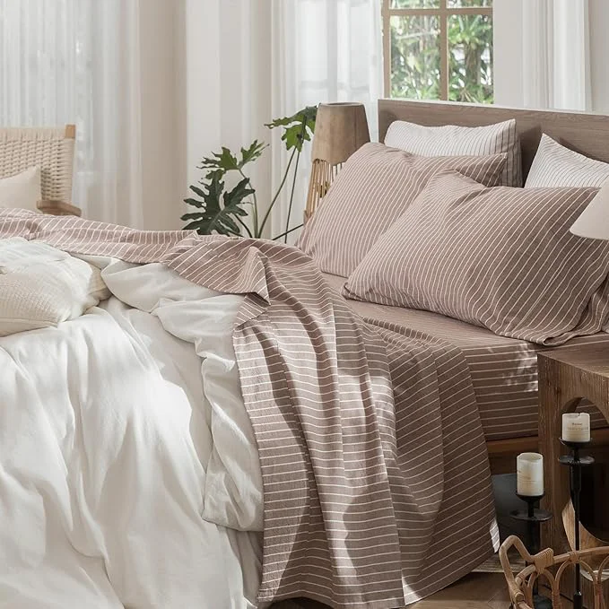 Secure MooMee Striped Sheet Set Washed Cotton Linen Like Textured Breathable Durable Soft Comfy Dark Orange White Wide Stripes Queen Refined