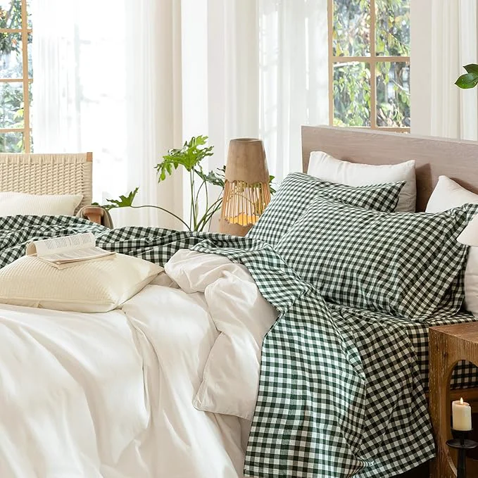 Exclusive MooMee Gingham Sheet Set Washed Cotton Linen Like Textured Breathable Soft w Fully Elasticized 16-19 quot Deep Pocket Classic Gingham Forest Green Queen Genuine