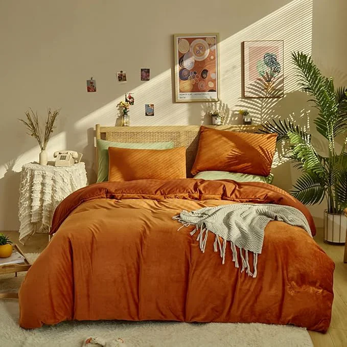 Stylish CLOTHKNOW Terracotta Velvet Twin Twin XL Comforter Set 3Pcs Rust Fluffy Bedding Comforter Sets Soft Caramel Comforter with 2 x Pillow Cases Innovative