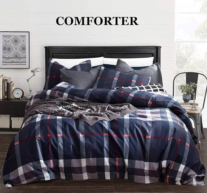 Comfortable CLOTHKNOW Blue Plaid King Size Comforter Set Tartan Buffalo Bedding Sets Soft Blue White Grey Red Comforter with 2 x Pillow Cases Clean