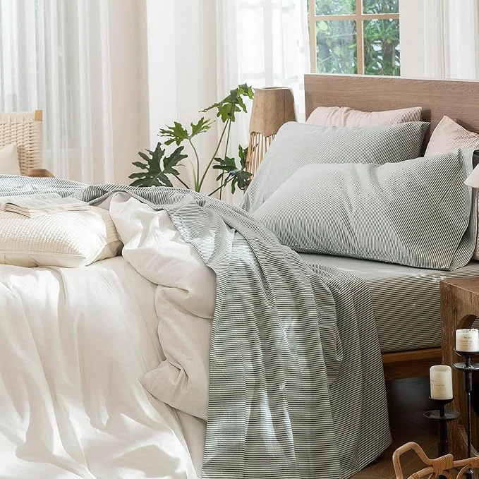 Premium MooMee Striped Sheet Set Washed Cotton Linen Like Textured Breathable Durable Soft Comfy Heathered Green Pinstripes King Fine Crafted