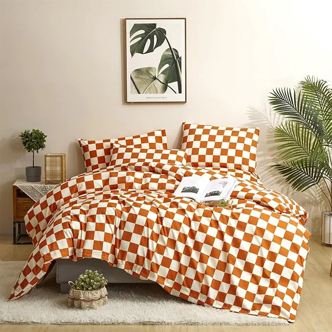 Authentic CLOTHKNOW Orange Plaid Queen Comforter Set Grid Bedding Comforter Sets Soft Checker Queen Comforter Burnt Orange Queen Size Comforter Sets Relaxed
