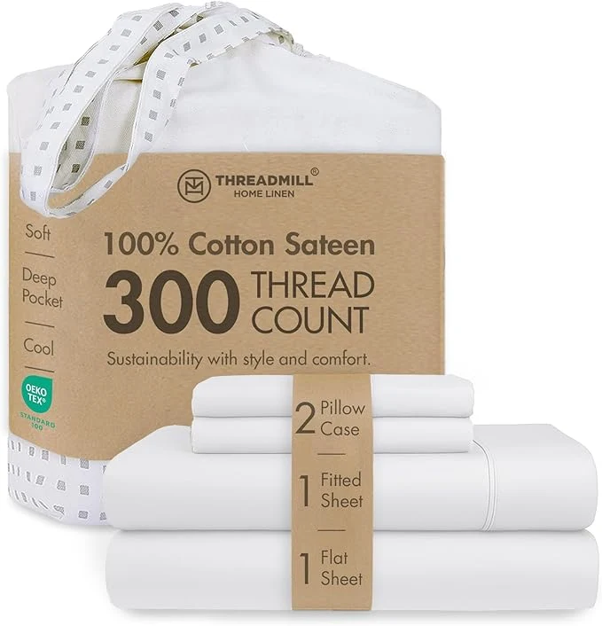 Superior Threadmill Cotton Full Size Sheet Set Cotton Sheets for Full Size Bed Solid Sateen Full Bed Sheets Set with 16 Elasticized Deep Pocket Soft Breathable 4-Piece Cooling Sheet Set White Traditional