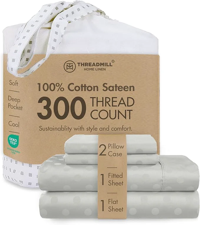 Casual Threadmill Cotton Full Size Sheet Set Cotton Sheets for Full Size Bed Damask Jacquard Full Bed Sheets Set with 16 Deep Pocket Soft Sateen Weave 4-Piece Cooling Bedding Set Light Grey Specialty