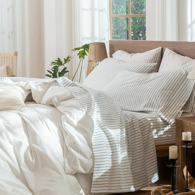 Convenient MooMee Striped Sheet Set Washed Cotton Linen Like Textured Breathable Durable Soft Comfy White Heathered Green Wide Stripes Queen Advanced