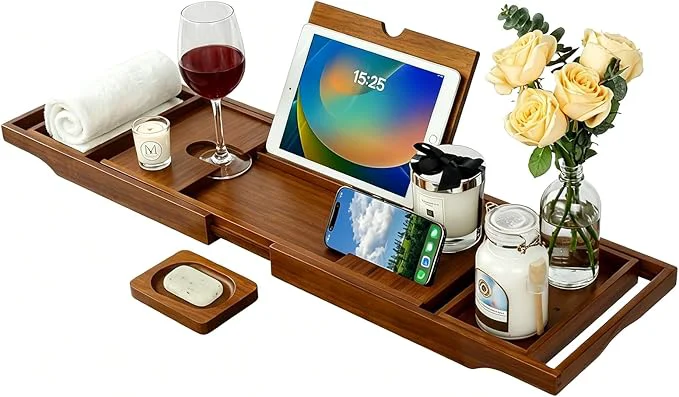 Practical Kiasthome Teak Bathtub Caddy Expandable Bath Tray Non‑Slip Luxury Tub Caddy Natural