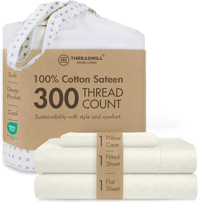 Fast Threadmill Cotton Twin XL Sheet Set Cotton Sheets for Twin XL Size Bed Damask Jacquard Sateen Twin XL Bed Sheets Set with 16 Deep Pocket Soft Breathable 3-Piece Cooling Sheet Set Ivory Clean