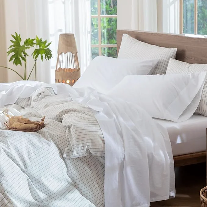 Excellent MooMee Bedding Sheet Set Washed Cotton Linen Like Textured Breathable Durable Soft Comfy Solid Bright White King Refined