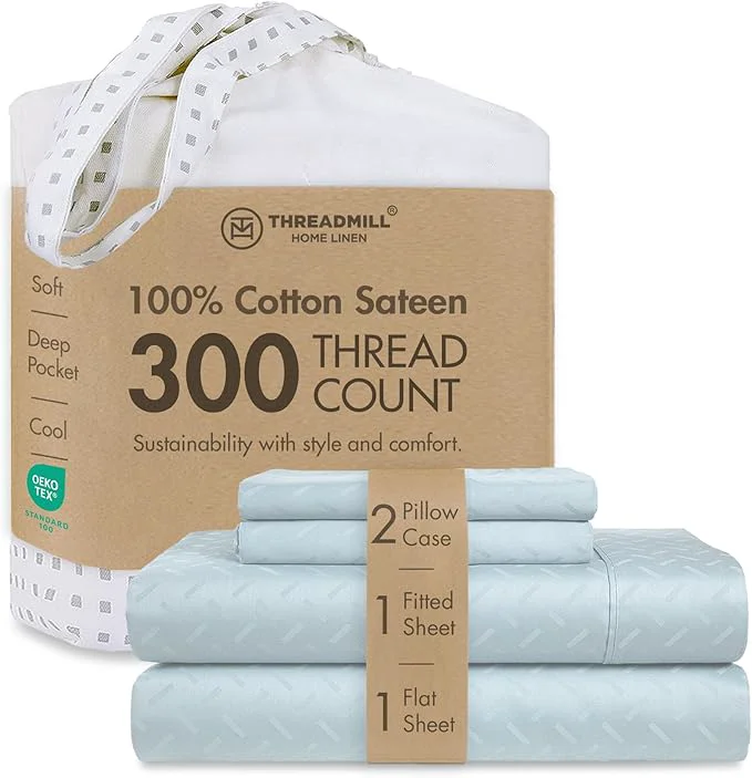 High-Quality Threadmill Cotton Sheets for King Size Bed 4 Pc King Bed Sheets Set Soft Breathable Lightweight Damask Sateen for All-Season Use Snug Fit Elastic Deep Pocket King Sheets Blue Top-Quality