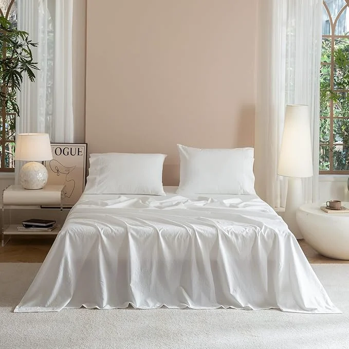 Authentic JIYUAN Queen Size Sheet Set 4-Piece – Washed Cotton Linen-Like Soft amp Breathable Includes Deep Pocket Fitted amp Flat Sheet with 2 Pillowcases Hotel Quality Solid Bright White Powerful