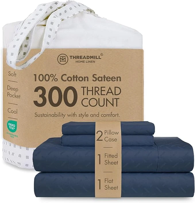 Recyclable Threadmill Cotton Full Size Sheet Set Cotton Sheets for Full Size Bed Damask Jacquard Full Bed Sheets Set with 16 Deep Pocket Soft Sateen Weave 4-Piece Cooling Bedding Set Folkstone Blue Practical