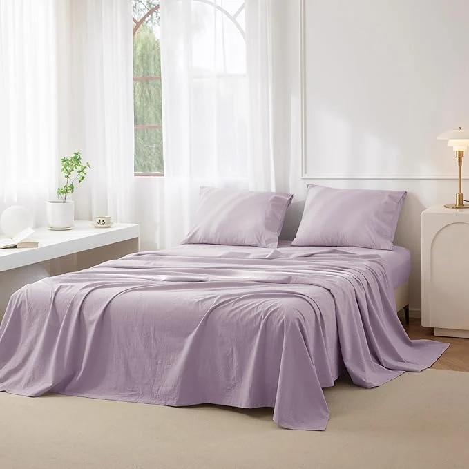 Contemporary JIYUAN King Size Sheet Set 4-Piece – Washed Cotton Linen-Like Soft amp Breathable Includes Deep Pocket Fitted amp Flat Sheet with 2 Pillowcases Hotel Quality Heathered Light Purple High-Grade