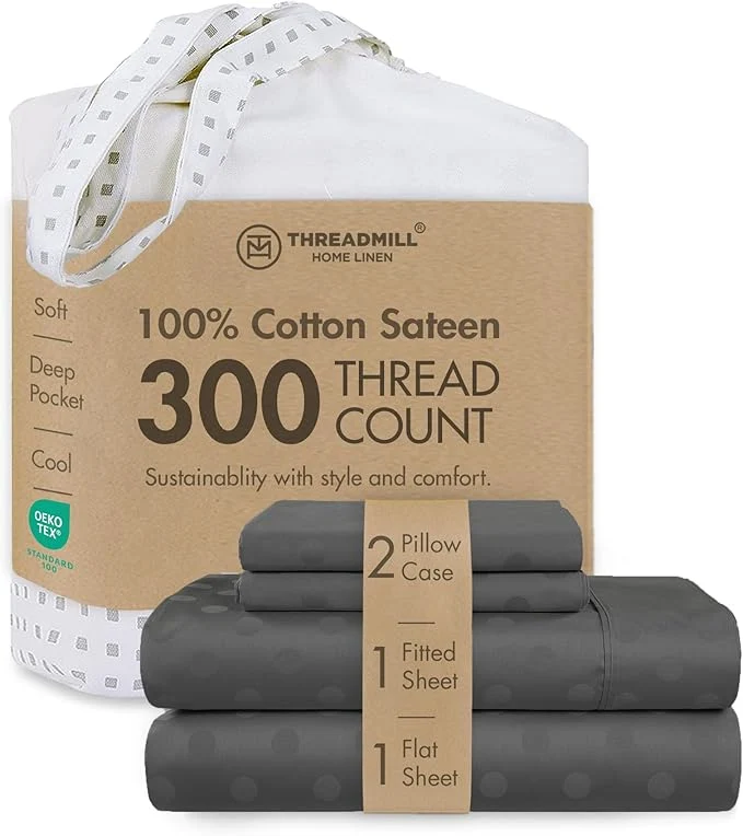 Sustainable Threadmill Cotton Sheets for King Size Bed 4 Pc King Bed Sheets Set Soft Breathable Lightweight Damask Sateen for All-Season Use Snug Fit Elastic Deep Pocket King Sheets Dark Grey Superior