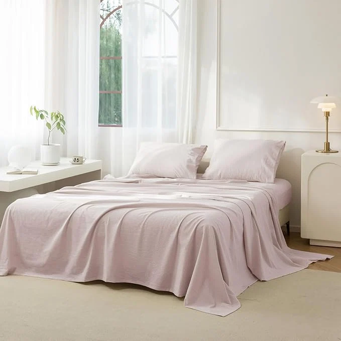 Superior JIYUAN Twin Size Sheet Set 3-Piece – Washed Cotton Linen-Like Soft amp Breathable Includes Deep Pocket Fitted amp Flat Sheet with 1 Pillowcases Hotel Quality Heathered Greyish Pink Practical
