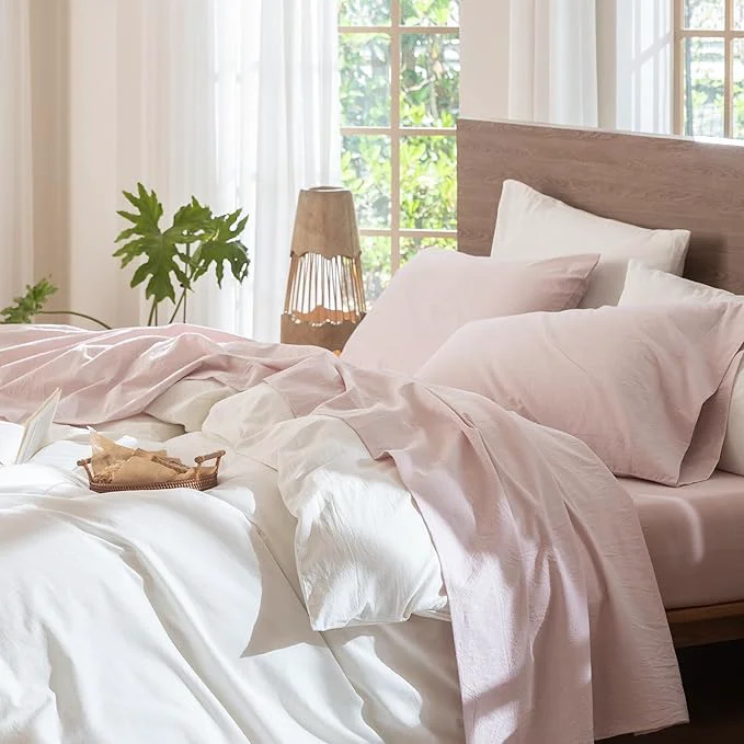 Expertly Made MooMee Bedding Sheet Set Washed Cotton Linen Like Textured Breathable Durable Soft Comfy Heathered Greyish Pink California King Enhanced