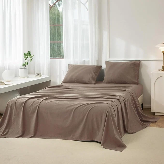 Fast JIYUAN California King Size Sheet Set 4-Piece – Washed Cotton Linen-Like Soft amp Breathable Includes Deep Pocket Fitted amp Flat Sheet with 2 Pillowcases Hotel Quality Solid Light Brown Safe