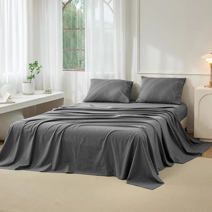 Authentic JIYUAN California King Size Sheet Set 4-Piece – Washed Cotton Linen-Like Soft amp Breathable Includes Deep Pocket Fitted amp Flat Sheet with 2 Pillowcases Hotel Quality Heathered Dark Grey Reusable