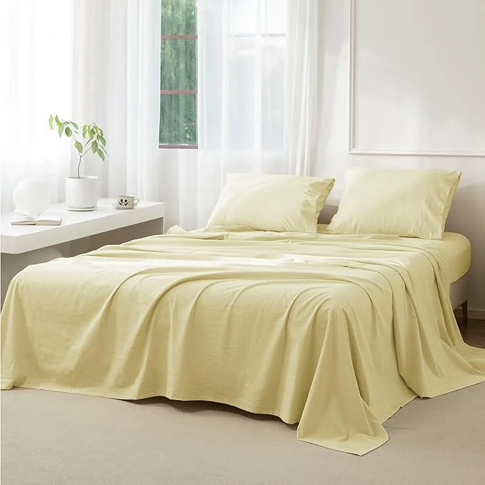 Reliable JIYUAN Twin Size Sheet Set 3-Piece – Washed Cotton Linen-Like Soft amp Breathable Includes Deep Pocket Fitted amp Flat Sheet with 1 Pillowcases Hotel Quality Solid Light Yellow Consistent