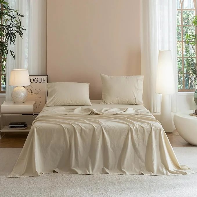 Reliable JIYUAN Twin Size Sheet Set 3-Piece – Washed Cotton Linen-Like Soft amp Breathable Includes Deep Pocket Fitted amp Flat Sheet with 1 Pillowcases Hotel Quality Heathered Beige Flexible