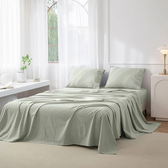 World-Class JIYUAN King Size Sheet Set 4-Piece – Washed Cotton Linen-Like Soft amp Breathable Includes Deep Pocket Fitted amp Flat Sheet with 2 Pillowcases Hotel Quality Heathered Sage Green Classic