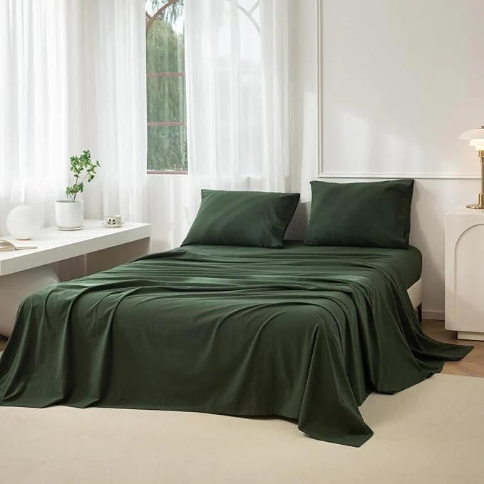 Reliable JIYUAN Full Size Sheet Set 4-Piece – Washed Cotton Linen-Like Soft amp Breathable Includes Deep Pocket Fitted amp Flat Sheet with 2 Pillowcases Hotel Quality Solid Forest Green Stylish