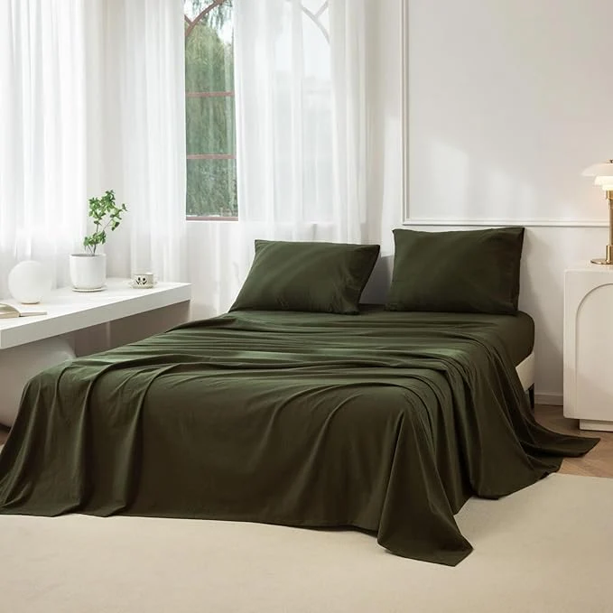 Enhanced JIYUAN California King Size Sheet Set 4-Piece – Washed Cotton Linen-Like Soft amp Breathable Includes Deep Pocket Fitted amp Flat Sheet with 2 Pillowcases Hotel Quality Solid Olive Green Official