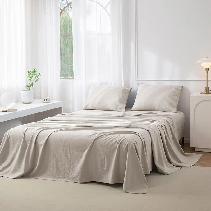 Fashionable JIYUAN California King Size Sheet Set 4-Piece – Washed Cotton Linen-Like Soft amp Breathable Includes Deep Pocket Fitted amp Flat Sheet with 2 Pillowcases Hotel Quality Heathered Cream Grey Artisan