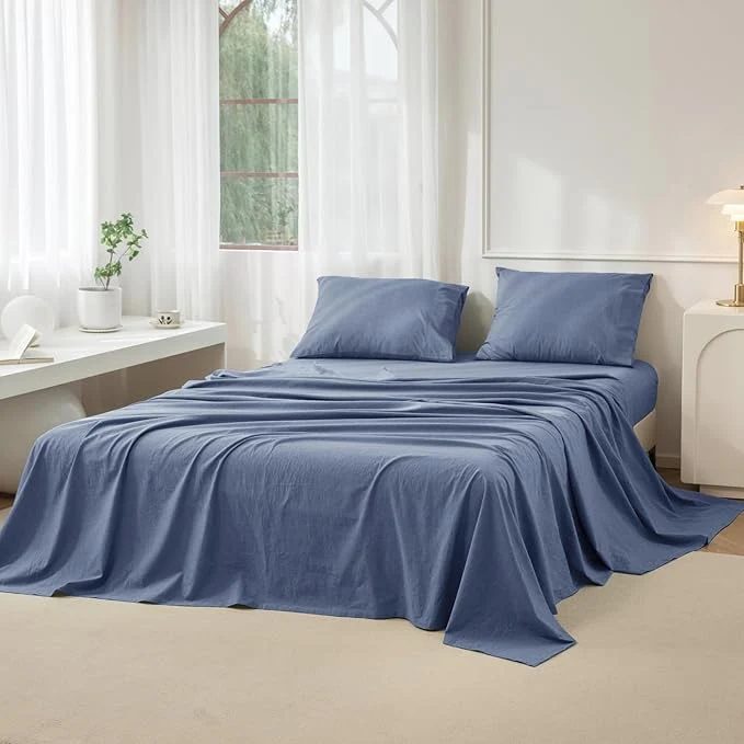 Sustainable JIYUAN Twin Size Sheet Set 3-Piece – Washed Cotton Linen-Like Soft amp Breathable Includes Deep Pocket Fitted amp Flat Sheet with 1 Pillowcases Hotel Quality Heathered Blue Refined