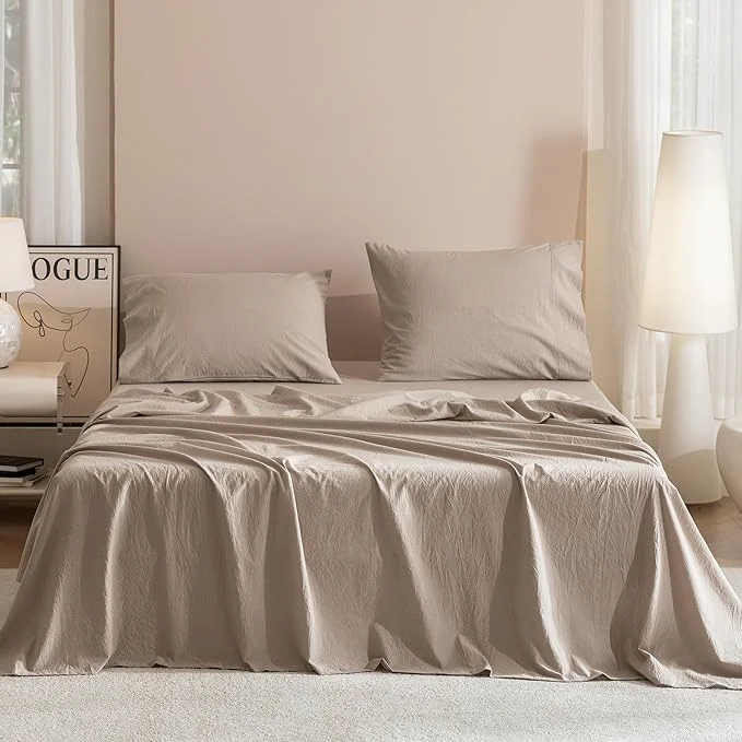 Reliable JIYUAN California King Size Sheet Set 4-Piece – Washed Cotton Linen-Like Soft amp Breathable Includes Deep Pocket Fitted amp Flat Sheet with 2 Pillowcases Hotel Quality Heathered Warm Taupe Original Design