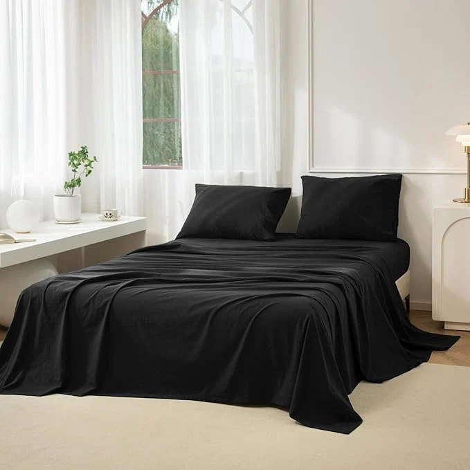 Proven JIYUAN Queen Size Sheet Set 4-Piece – Washed Cotton Linen-Like Soft amp Breathable Includes Deep Pocket Fitted amp Flat Sheet with 2 Pillowcases Hotel Quality Solid Black Convenient