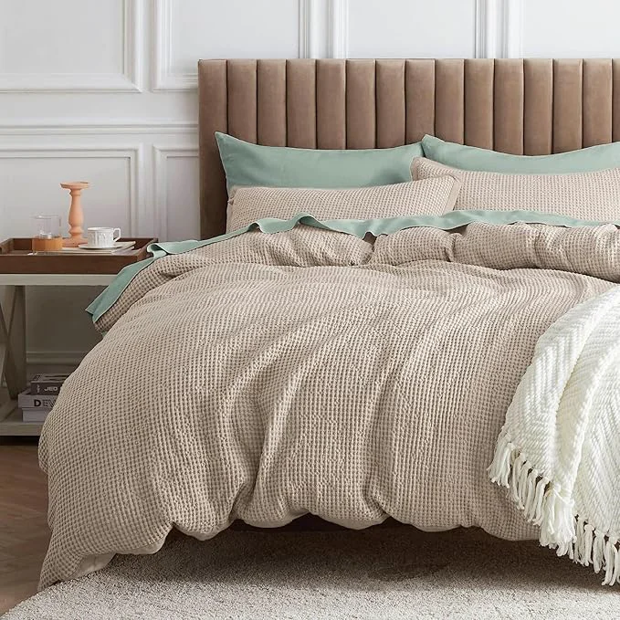 Flexible Bedsure Waffle Comforter Set California King Khaki Soft Bedding Waffle Weave Bed Set 3 Pieces 1 Comforter 104 quot x96 quot and 2 Pillow Shams Cotton Shell and Polyester Lining for All Seasons Fashionable