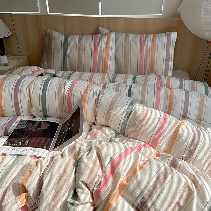 Lightweight LifeTB Multicolor Striped Duvet Cover Set Queen Washed Cotton Stripes Pattern Comforter Cover 3 Pieces Colorful Striped Bedding Set Farmhouse Breathable Duvet Cover with 2 Pillowcases Solid