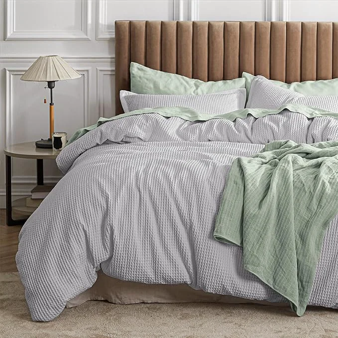 Sophisticated Bedsure Waffle Comforter Set King Grey Soft Bedding Waffle Weave Bed Set 3 Pieces 1 Comforter 104 quot x90 quot and 2 Pillow Shams Cotton Shell and Polyester Lining for All Seasons Trusted
