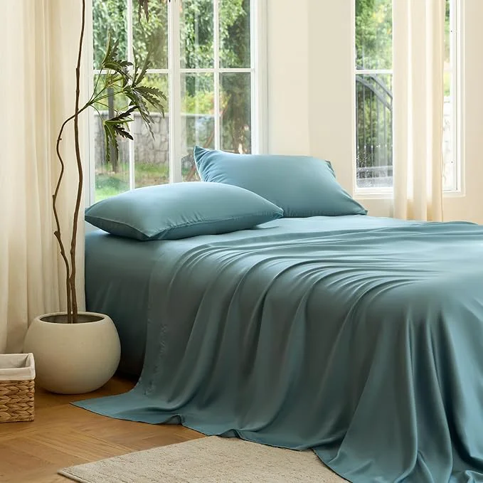 Comfortable DOZ Sheet Set Viscose derived from Bamboo Organically Grown Buttery Soft Cooling Sheets High GSM Deep Pockets – 3 Piece – 2 Pillowcases 1 Fitted Sheet Teal Full Sustainable