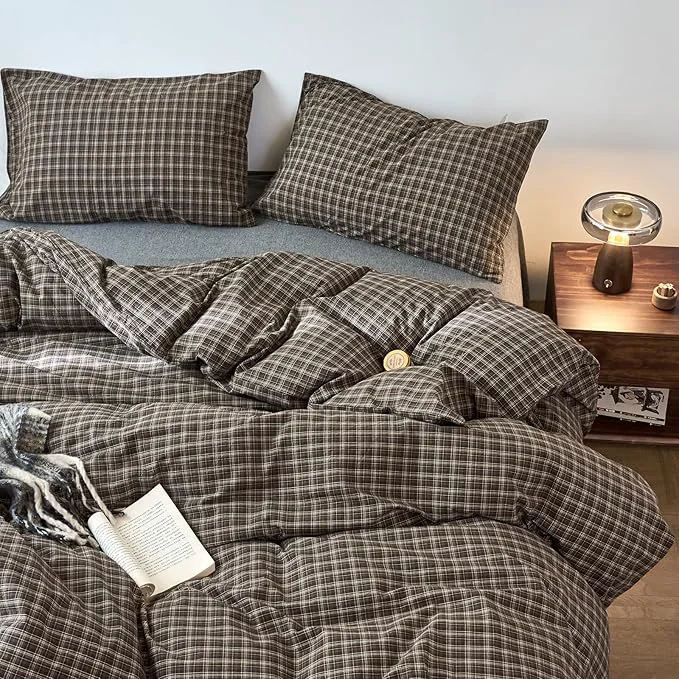 Green Vintage Buffalo Plaid Duvet Cover Grid Bedding Set King Washed Cotton Vintage Plaid Checkered Comforter Cover 3 Piece Brown Gingham Duvet Cover Linen Feel Farmhouse Grid Bedding Set King Stylish