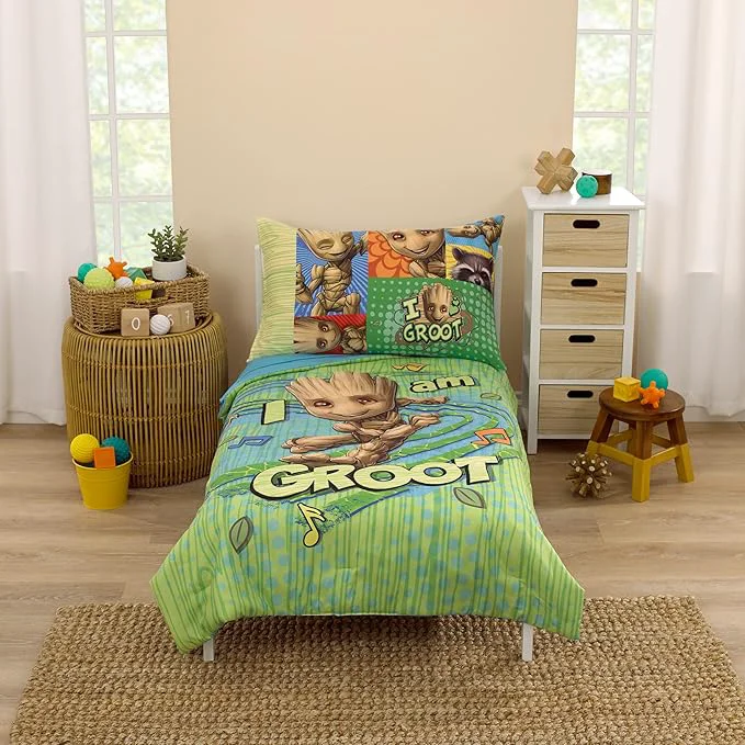 Secure NoJo Marvel Guardians of The Galaxy I Am Groot Green and Blue 4 Piece Toddler Bed Set – Comforter Fitted Bottom Sheet Flat Top Sheet and Reversible Pillowcase Smart