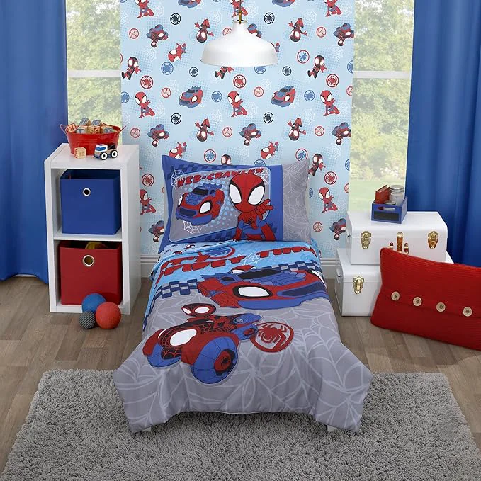 Detailed NoJo Marvel Spiderman Spidey and his Friends Spidey Time Red Blue and Grey 4 Piece Toddler Bed Set – Comforter Fitted Bottom Sheet Flat Top Sheet and Reversible Pillowcase Classic