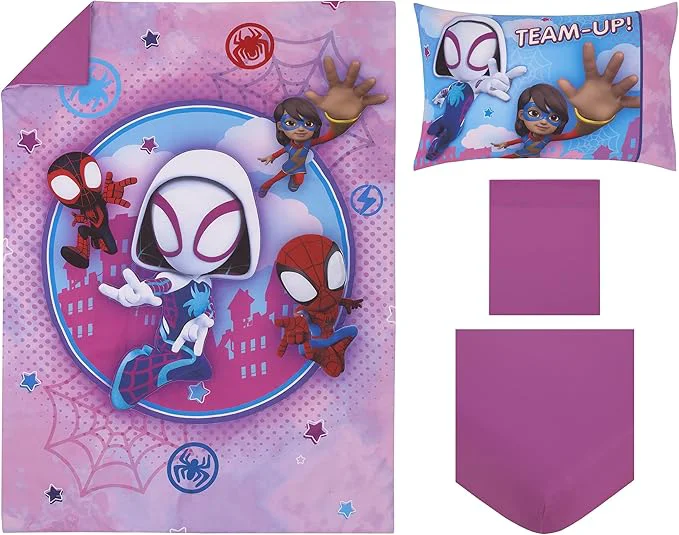 Trendy NoJo Marvel Ghost Spider Go Ghosty Purple Pink and Blue 4 Piece Toddler Bed Set – Comforter Fitted Bottom Sheet Flat Top Sheet and Reversible Pillowcase Top-Quality