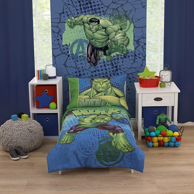 Exceptional NoJo Marvel The Hulk Green and Blue 4 Piece Toddler Bed Set – Comforter Fitted Bottom Sheet Flat Top Sheet and Reversible Pillowcase Genuine