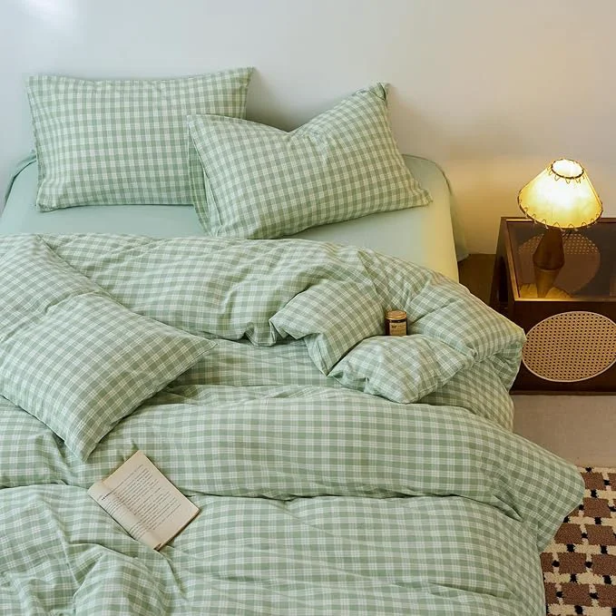 Artisan LifeTB Green Gingham Duvet Cover King Size Soft Washed Cotton Grid Duvet Cover Sage Green Checkered Plaid Comforter Cover with Zipper Closure Breathable Vintage Farmhouse Grid Bedding Set Functional