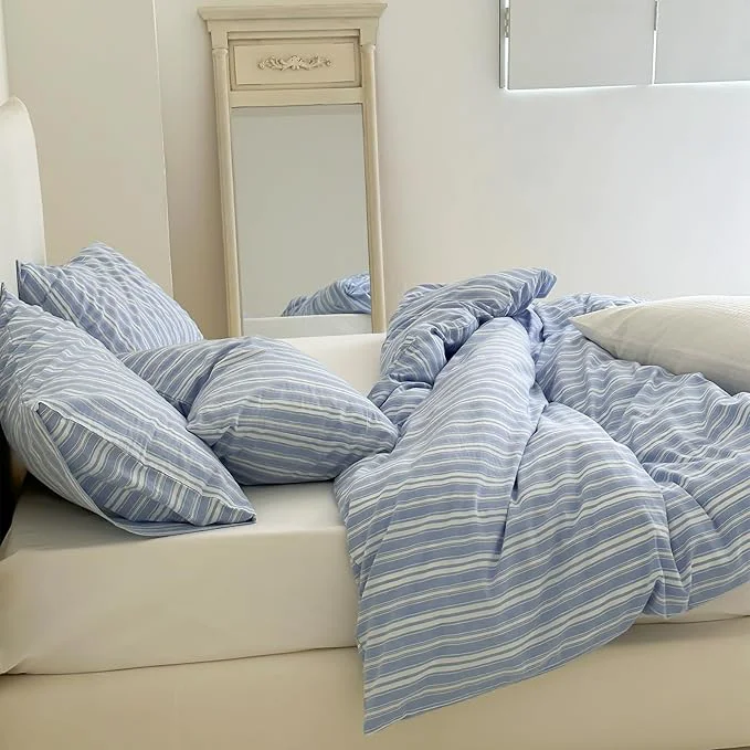 Excellent Blue Striped Duvet Cover Set Full Stripes Pattern Printed Washed Cotton Bedding Set Minimalist Blue White Striped Comforter Cover with 2 Pillowcases 3 Pieces Soft Breathable Duvet Cover Full Versatile
